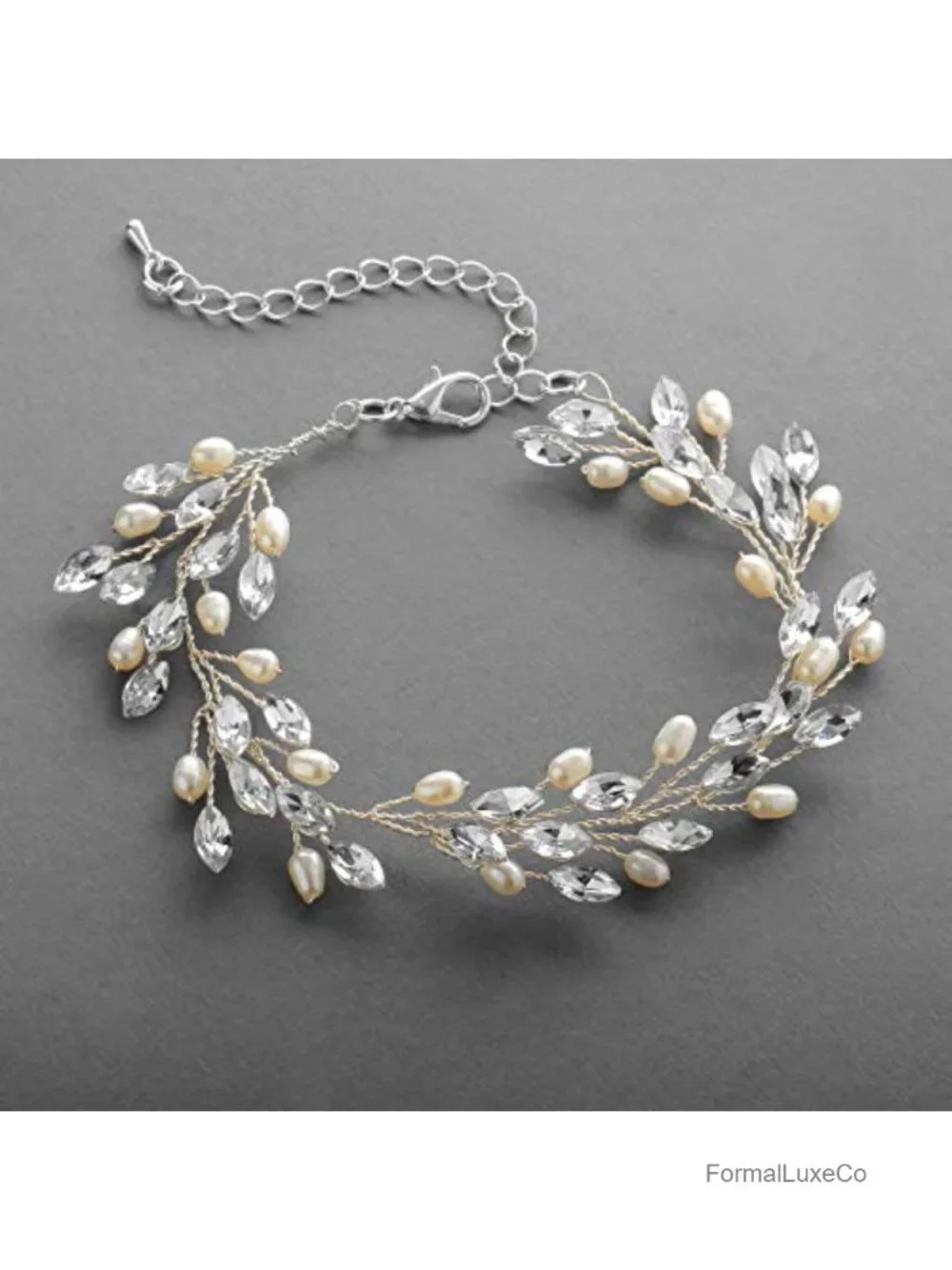 Crystal Pearl Bridal Bracelet 7-8.5 In Silver Chain Lobster Claw